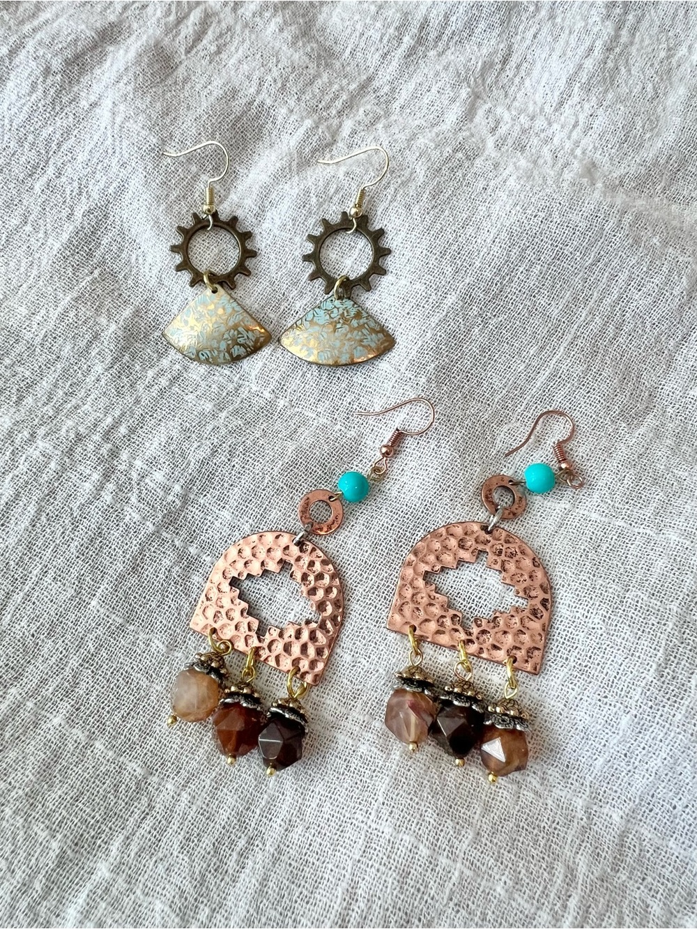 Set of Two Handcrafted Copper Boho Dangle Earrings with Turquoise Accent
